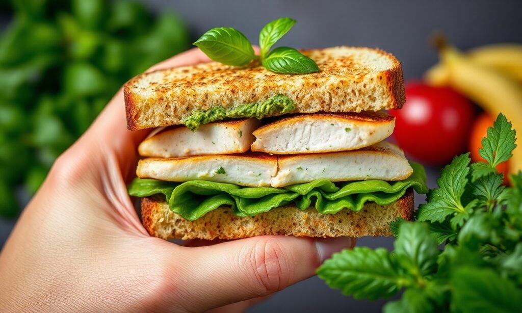 High-protein pesto chicken sandwich for an energy boost.