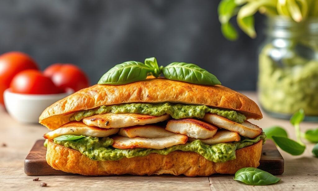 High-protein pesto chicken sandwich for sustained energy.
