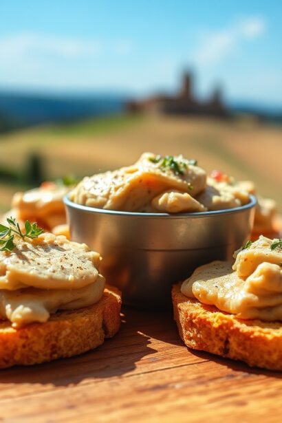 Decadent rich chicken liver pâté on crispy crostini.