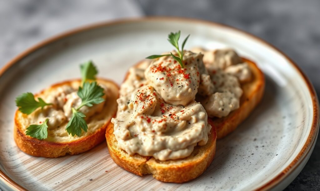 Decadent rich chicken liver pâté on crispy crostini.