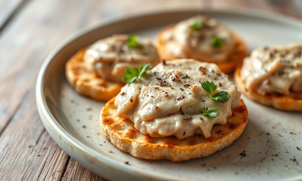 Decadent rich chicken liver pâté on crispy crostini, Tuscan inspiration.