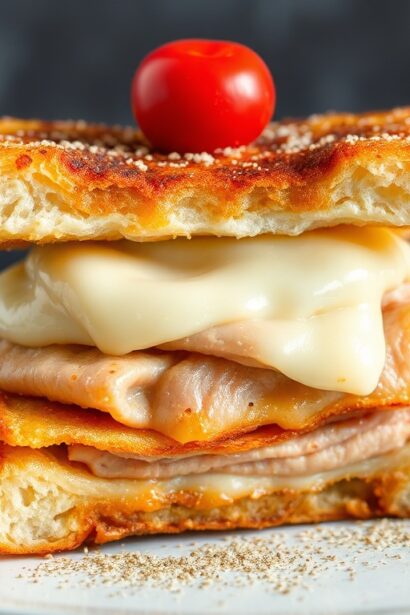 Irresistible gooey turkey Swiss Monte Cristo sandwich.