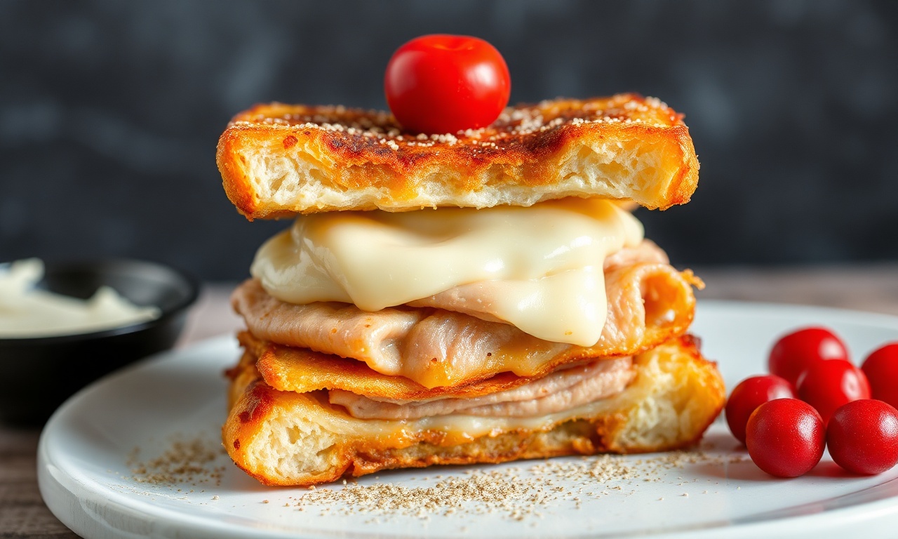 Irresistible gooey turkey Swiss Monte Cristo sandwich.