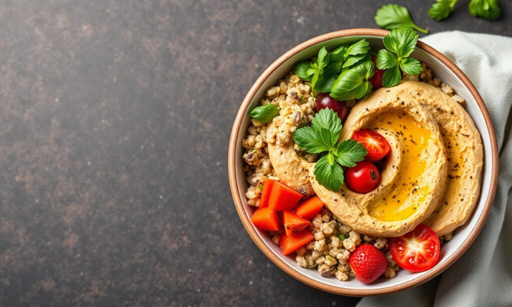 Perfect Healthy Mediterranean quinoa bowl with hummus recipe.