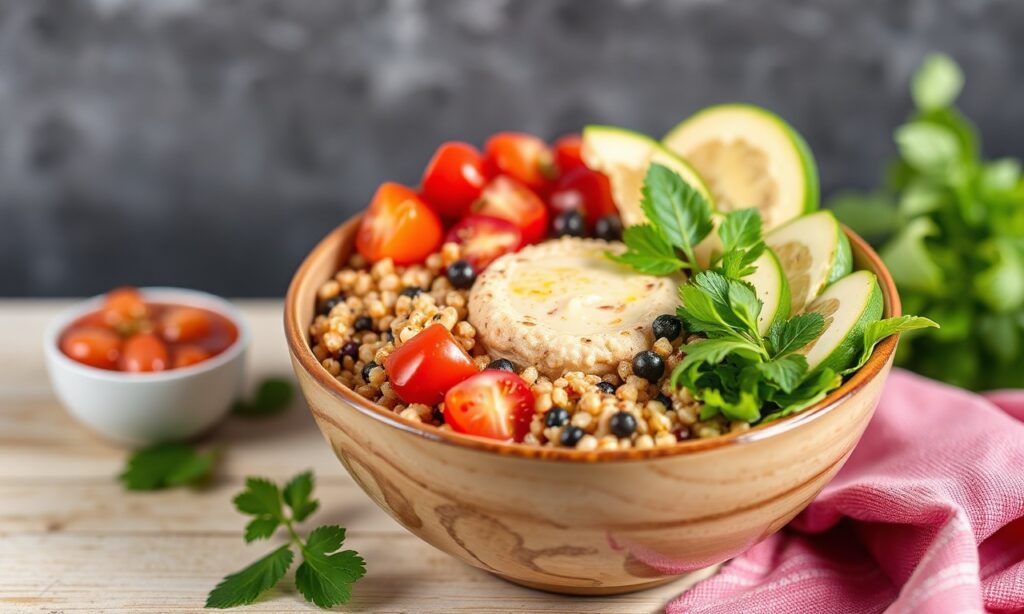 Perfect healthy Mediterranean quinoa bowls with vibrant vegetables and hummus.