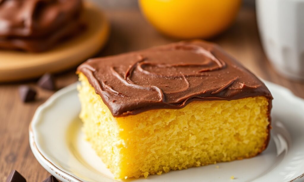 Delicious yellow cake with rich fudge chocolate frosting.