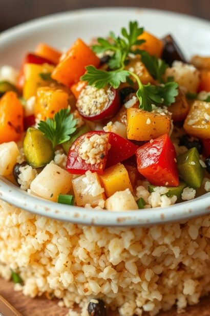 Wholesome delicious couscous with roasted vegetables, a delightful harmony.