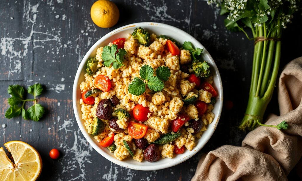 Wholesome delicious couscous delight with roasted vibrant veggies.