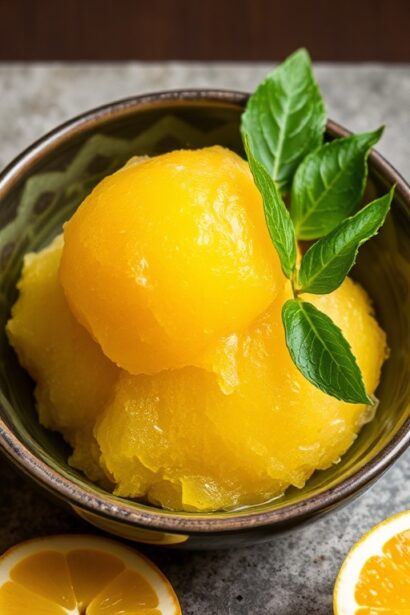 Refreshing yuzu citrus sorbet dessert, vibrant and cool.