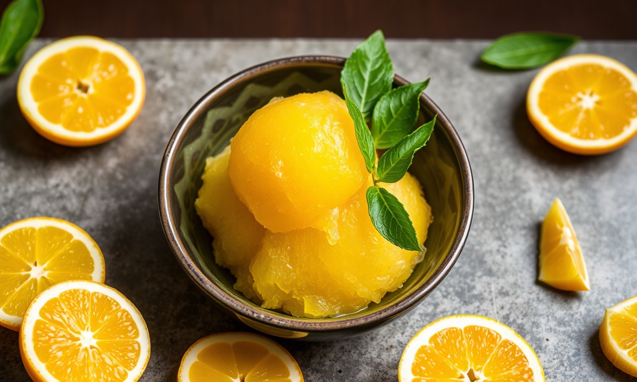 Refreshing yuzu citrus sorbet dessert, vibrant and cool.