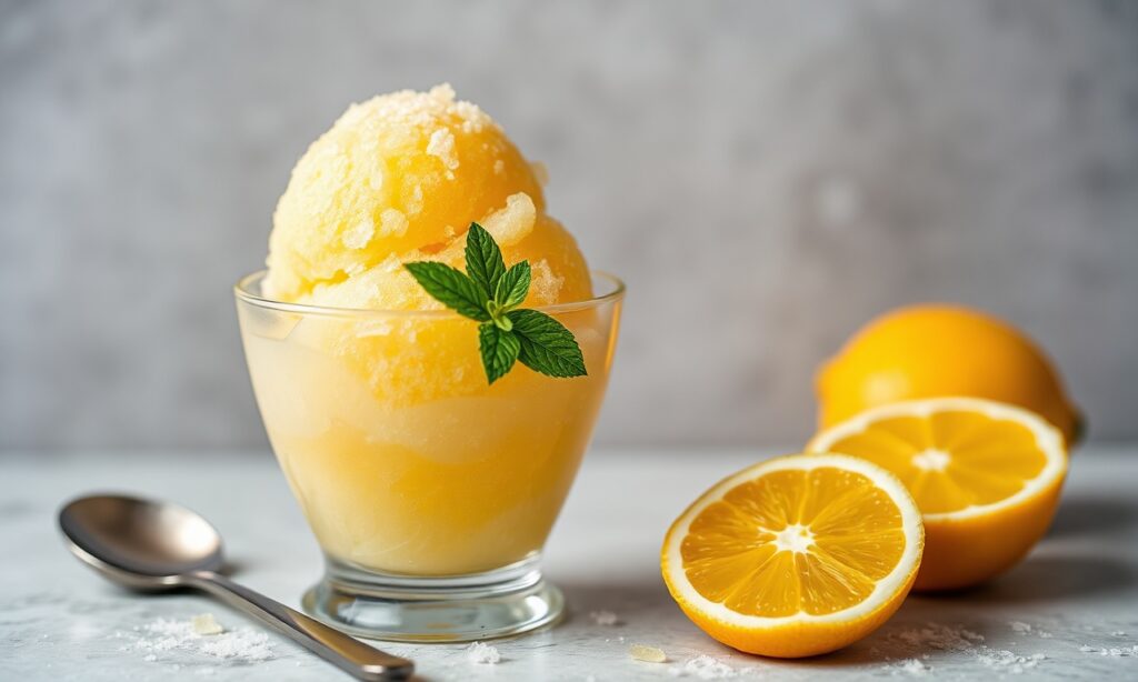 Refreshing Yuzu citrus sorbet scoop, a delightful escape.