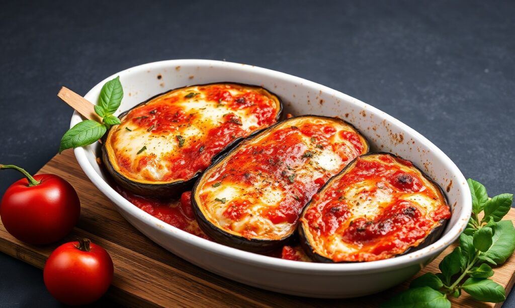 Perfect low-carb baked eggplant parmesan recipe, guilt-free and cheesy.