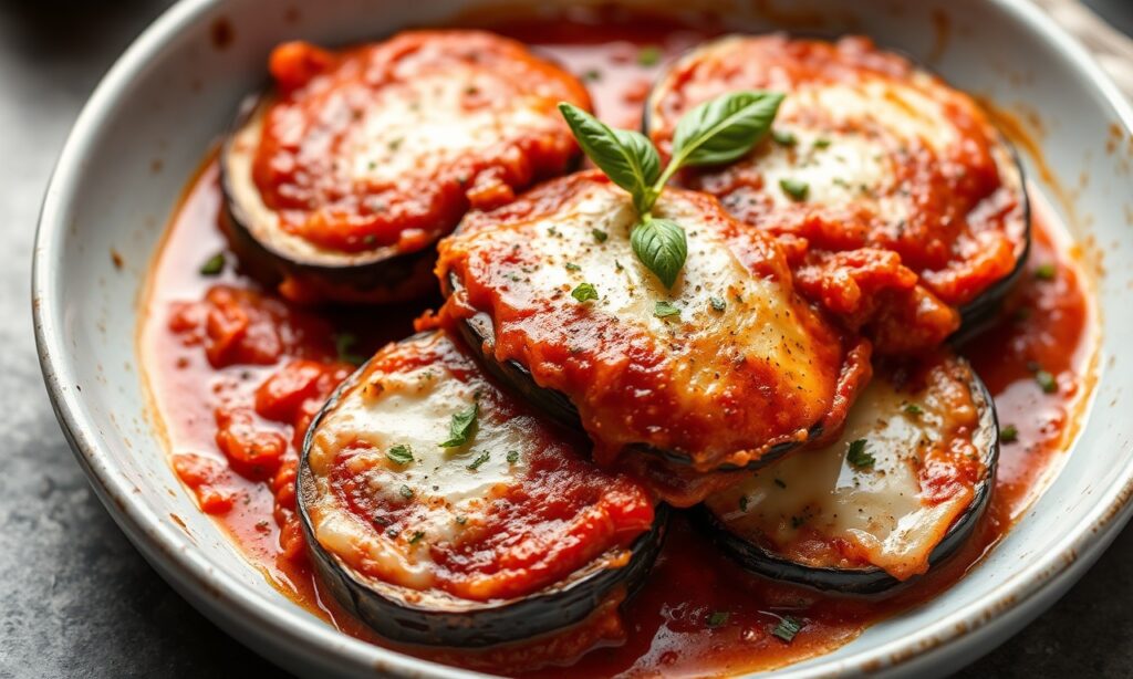 Perfect low-carb baked eggplant parmesan comfort food.