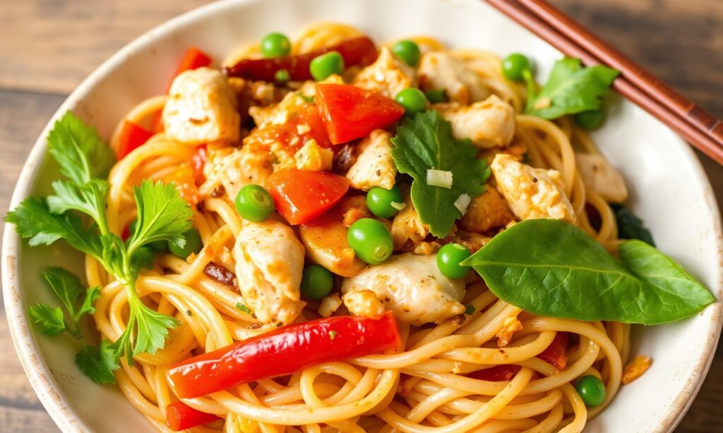 Quick easy chicken lo mein recipe, a comforting meal.