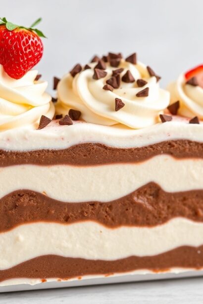 Classic Neapolitan ice cream scoops: chocolate, vanilla, strawberry swirl.