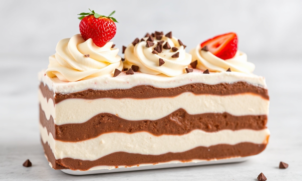 Classic Neapolitan ice cream scoops: chocolate, vanilla, strawberry swirl.