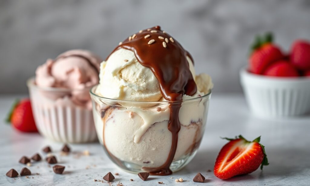 Classic Neapolitan ice cream: chocolate, vanilla, strawberry swirl perfection.