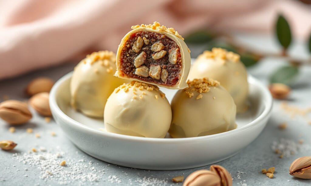Indulgent pistachio and rose water truffles: a luxurious, decadent treat.