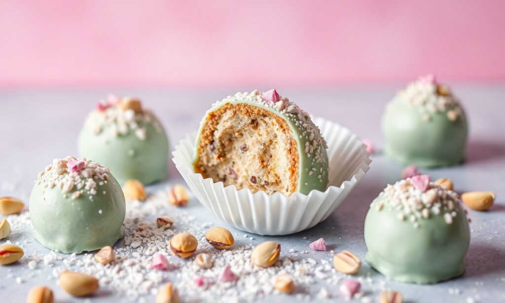 Indulgent pistachio and rose water truffles, a luxurious treat.