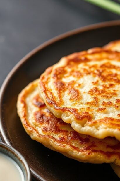 Crispy scallion pancakes recipe with soy-vinegar dip.