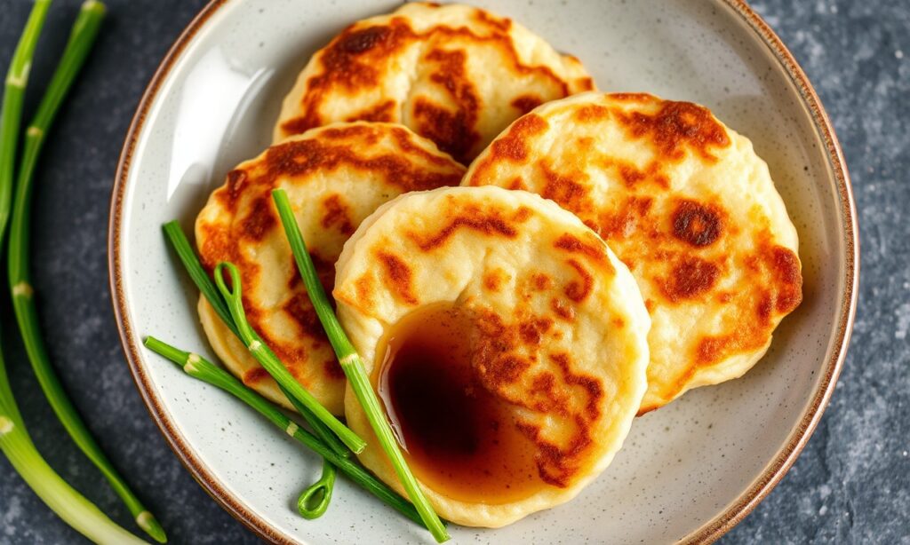 Crispy scallion pancakes with a zesty soy-vinegar dip.