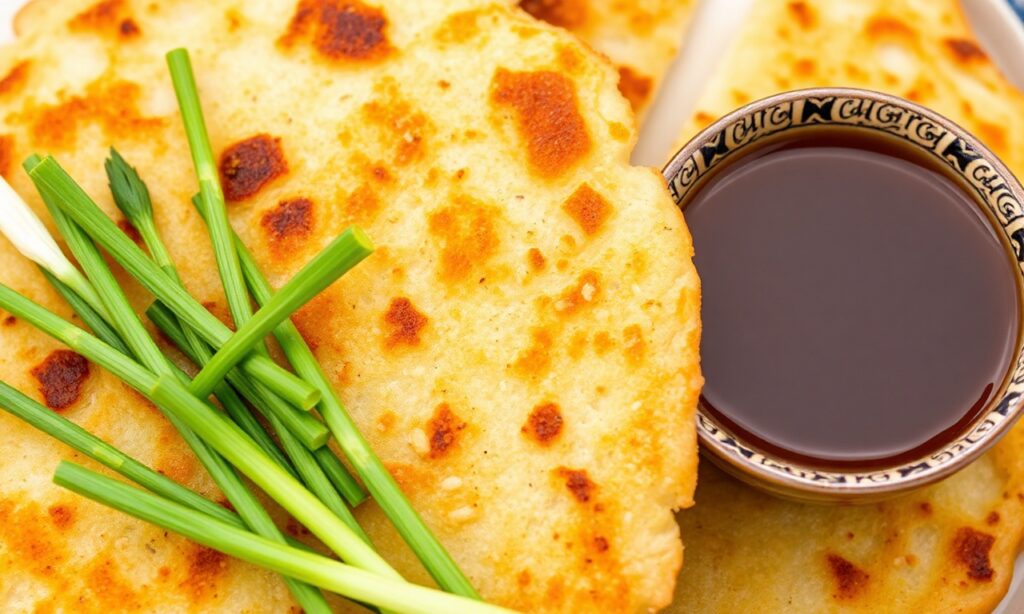Crispy scallion pancake golden, flaky layers with soy-vinegar dip.