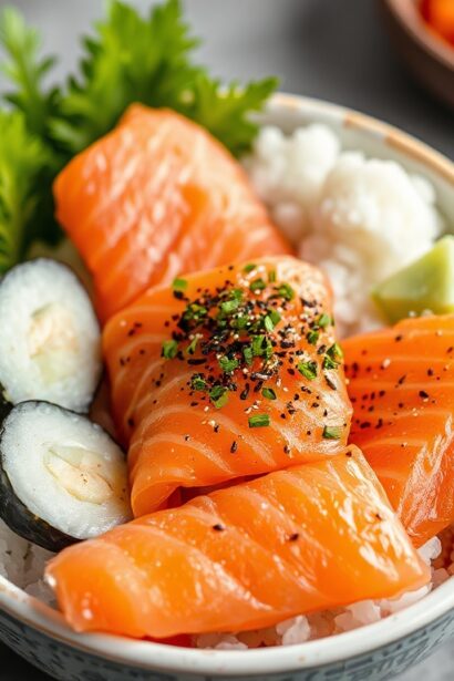 Deconstructed sushi bowl with fresh salmon, a vibrant flavor twist.