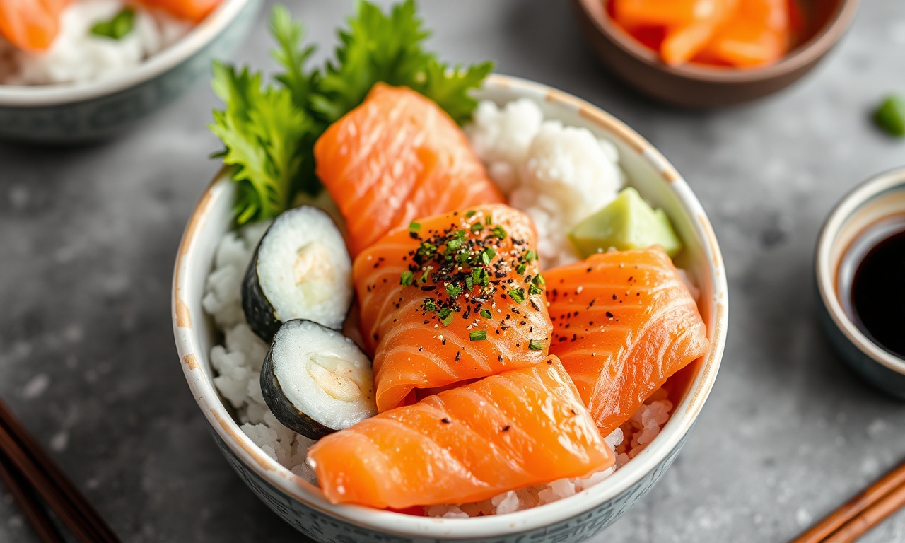 Deconstructed sushi bowl with fresh salmon, a vibrant flavor twist.