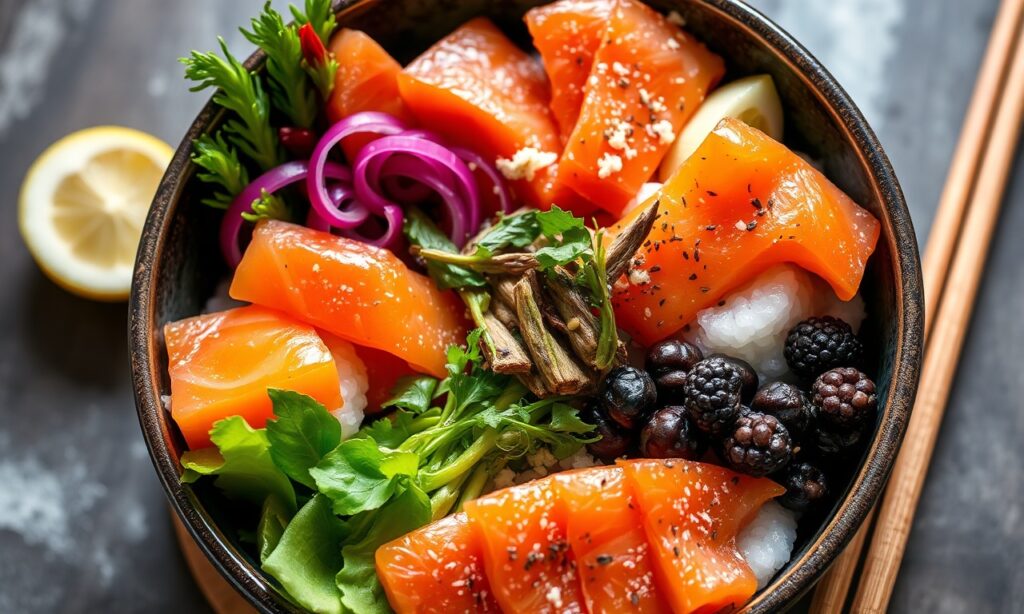 Deconstructed sushi bowl with fresh salmon, vibrant flavors.