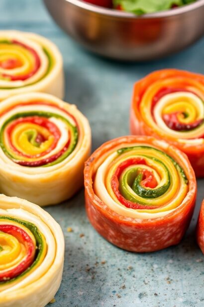 Colorful rainbow veggie pinwheels with cream cheese recipe.