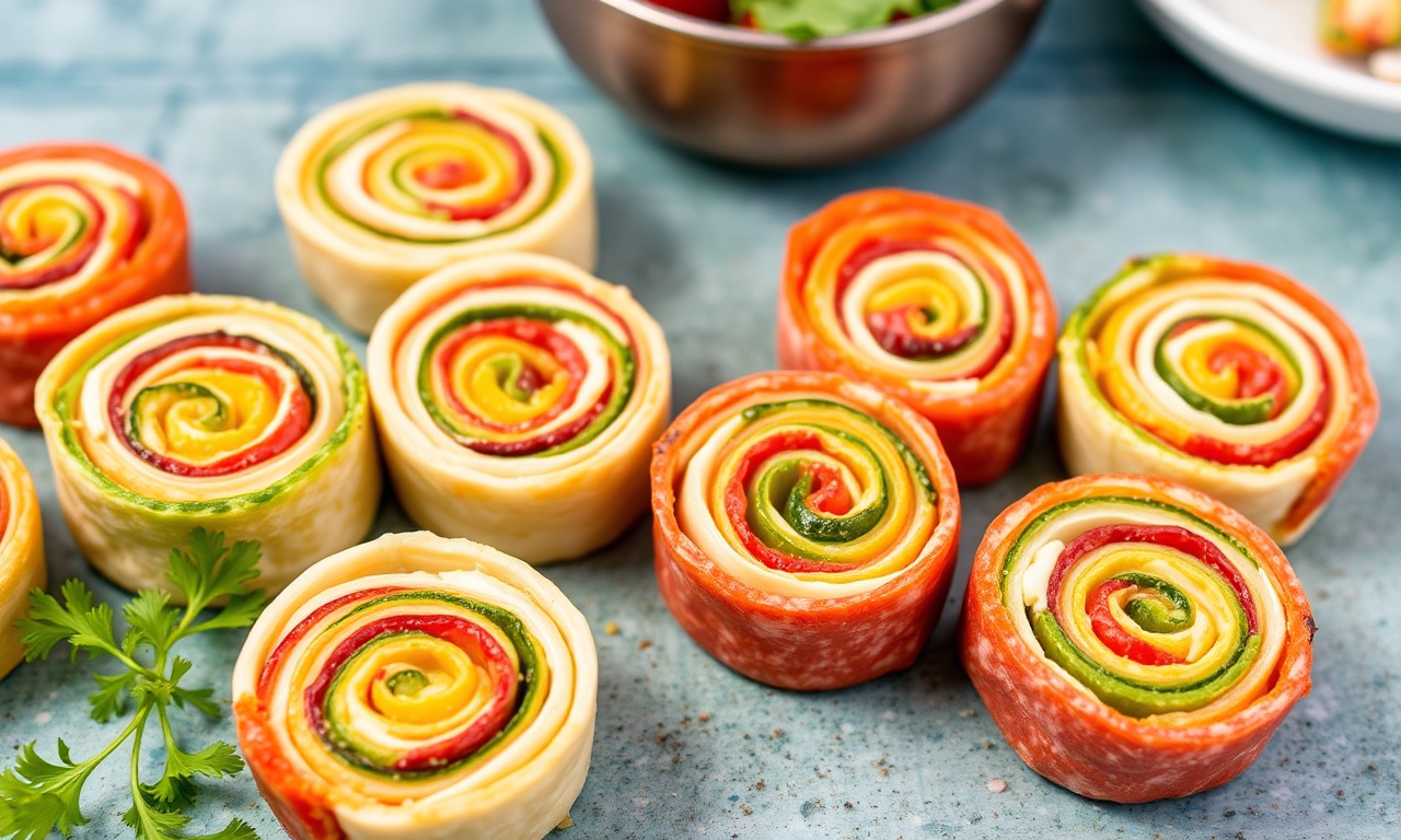 Colorful rainbow veggie pinwheels with cream cheese recipe.