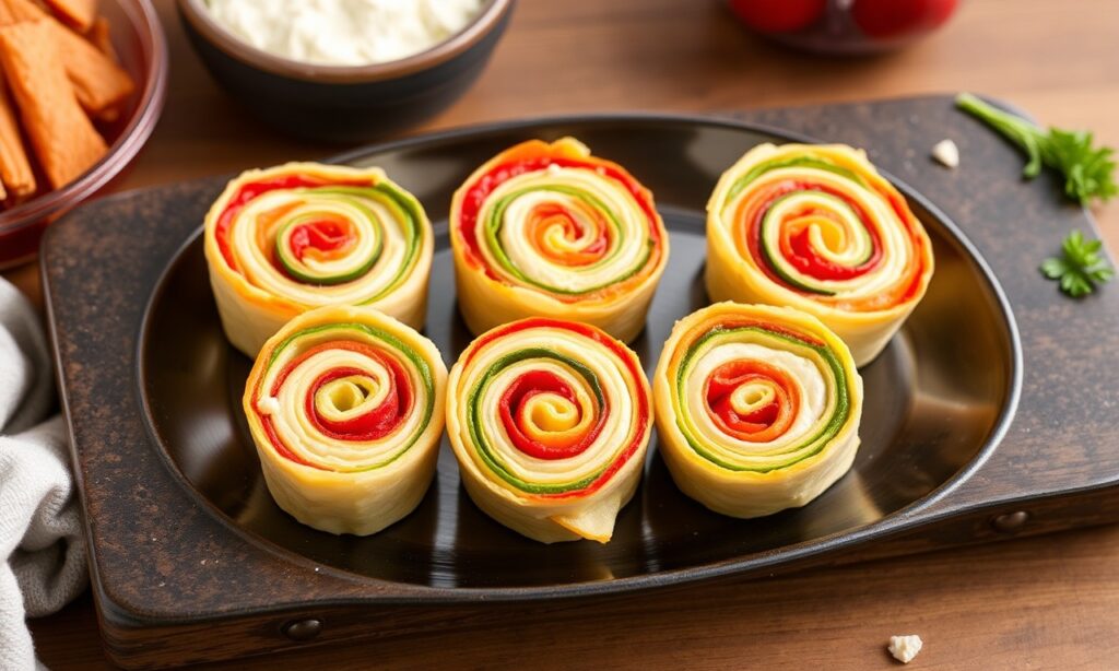 Colorful Rainbow veggie pinwheels with cream cheese, a vibrant and tasty snack.