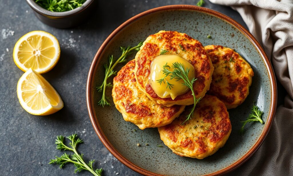 Zesty lemon dill salmon patties recipe, savory and quick.