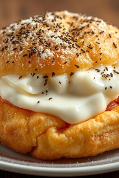 Fluffy fried dough with prosciutto and stracchino cheese delight.