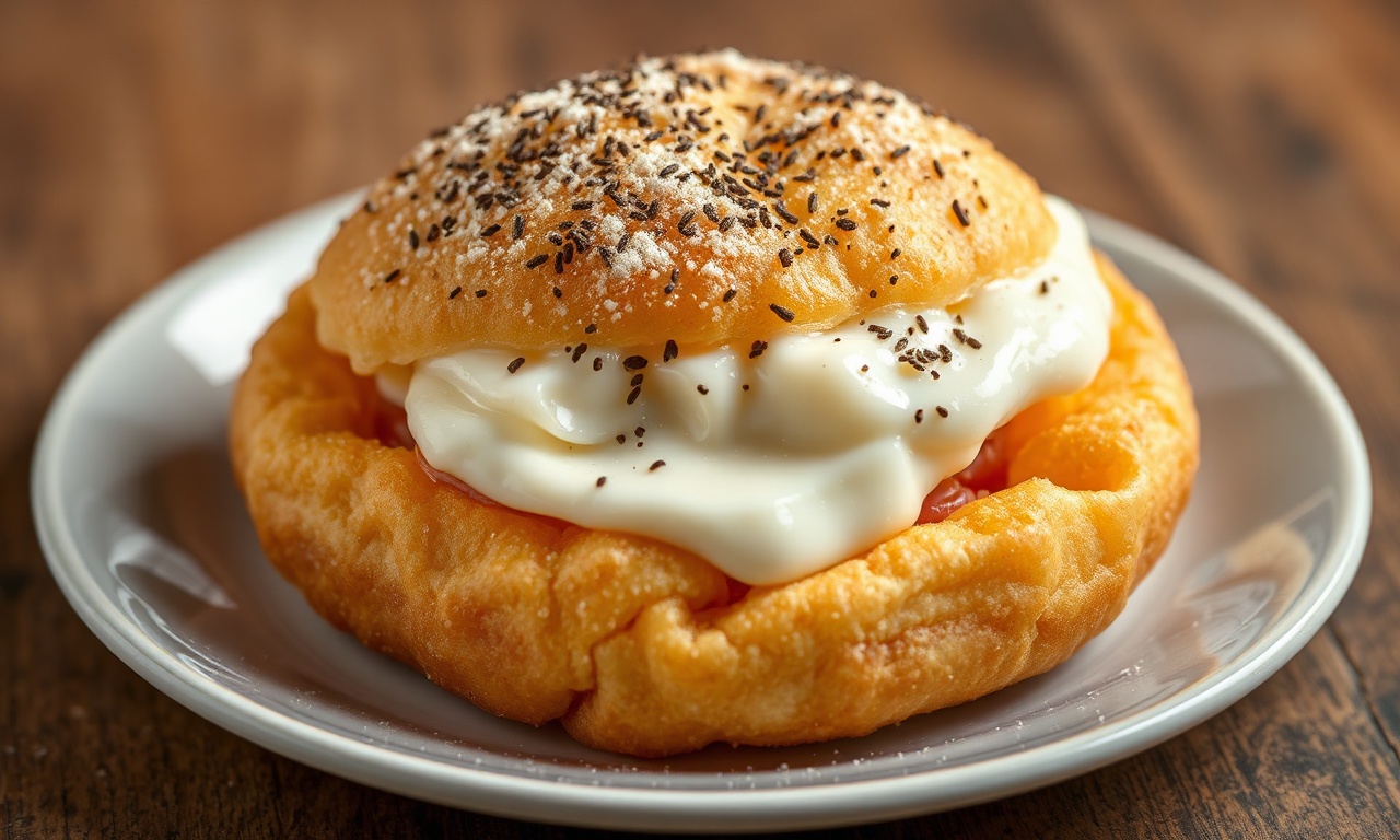 Fluffy fried dough with prosciutto and stracchino cheese delight.