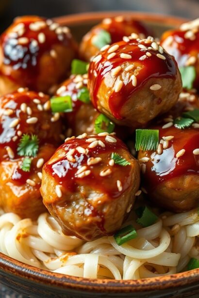 Savory Quick Asian BBQ chicken meatballs with sesame glaze.