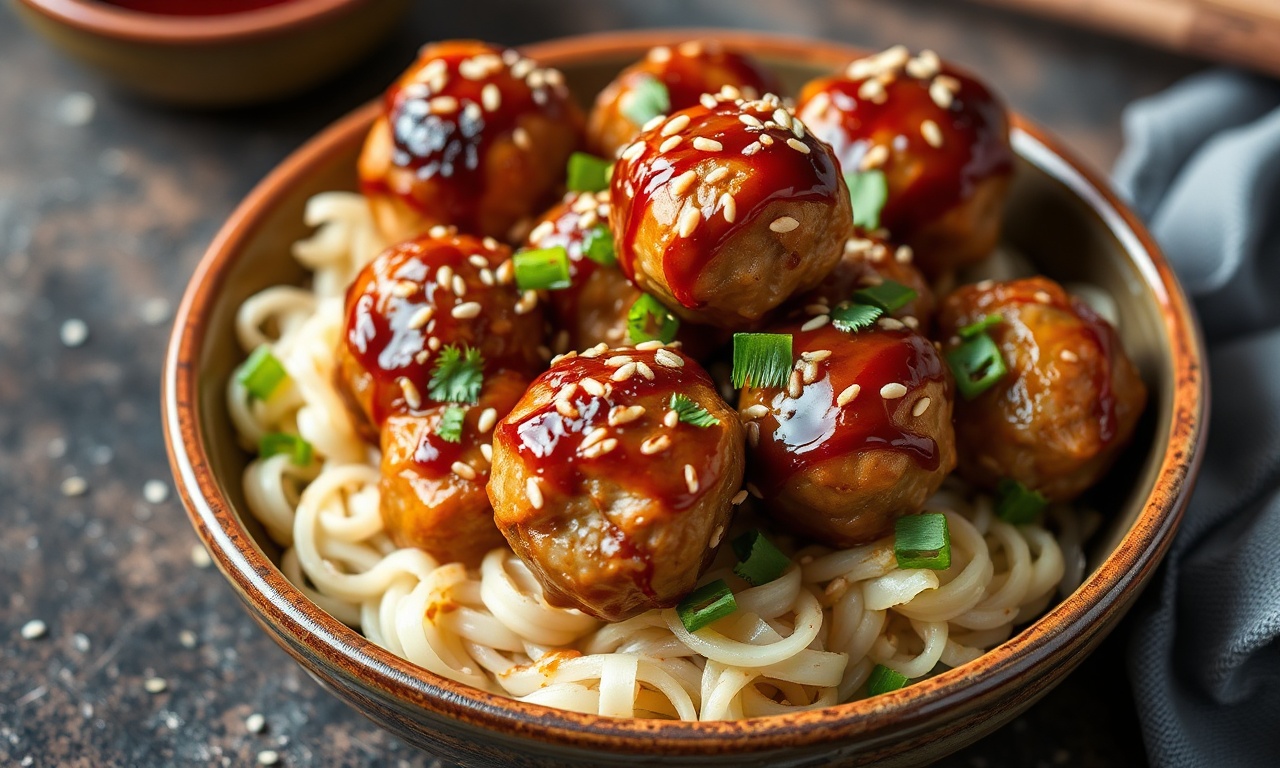 Savory Quick Asian BBQ chicken meatballs with sesame glaze.