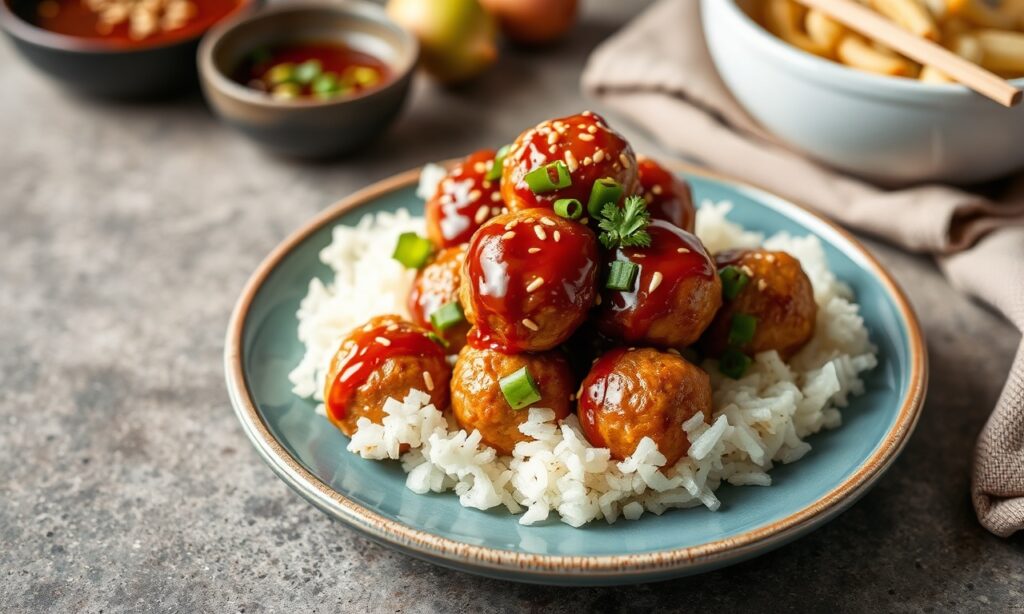 Savory quick Asian BBQ chicken meatballs with sesame glaze.