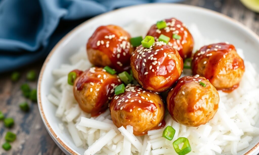 Savory Quick Asian BBQ chicken meatballs with sesame glaze.