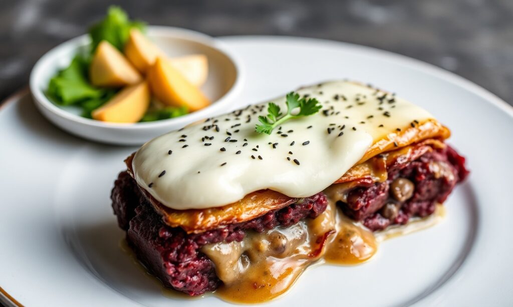 Elegant Beet Wellington with mushroom duxelle, a vegetarian masterpiece.