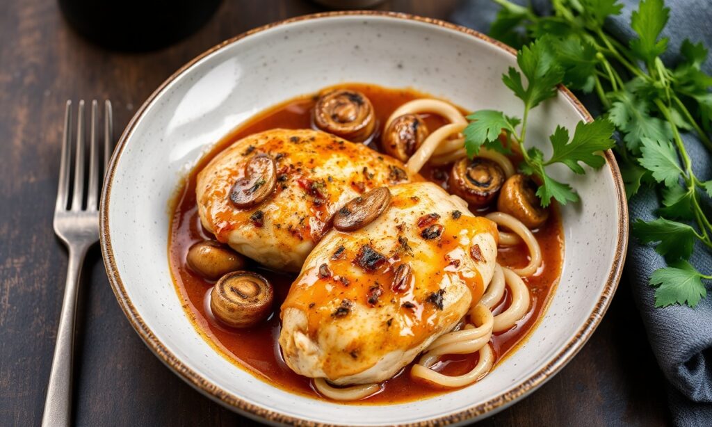 Savoring Chicken Marsala: rich mushroom sauce delight, simple ingredients.
