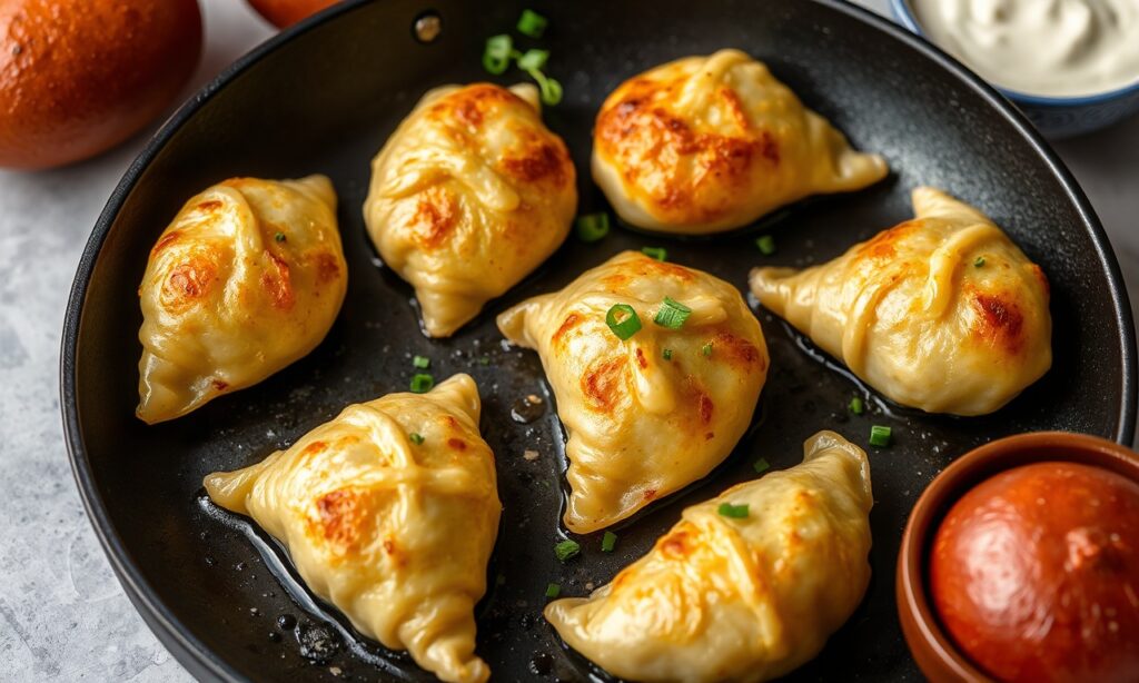 Golden pan-fried dumplings: potato cheese comfort.