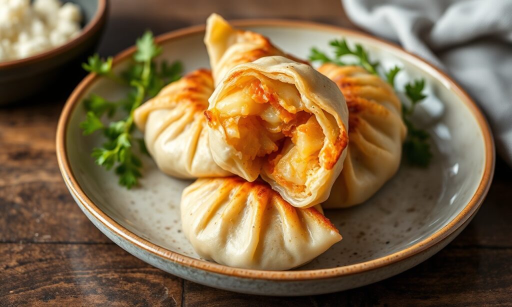 Golden pan-fried potato cheese dumplings, irresistible crust.