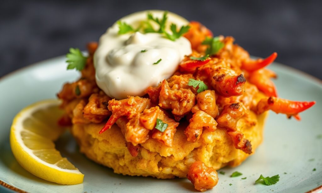Jackfruit Crab — Jackfruit "crab" cakes with zesty Old Bay aioli, a seafood-free coastal delight.