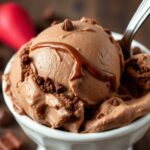 Indulgent vegan chocolate fudge brownie ice cream delight.
