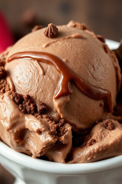 Indulgent vegan chocolate fudge brownie ice cream delight.