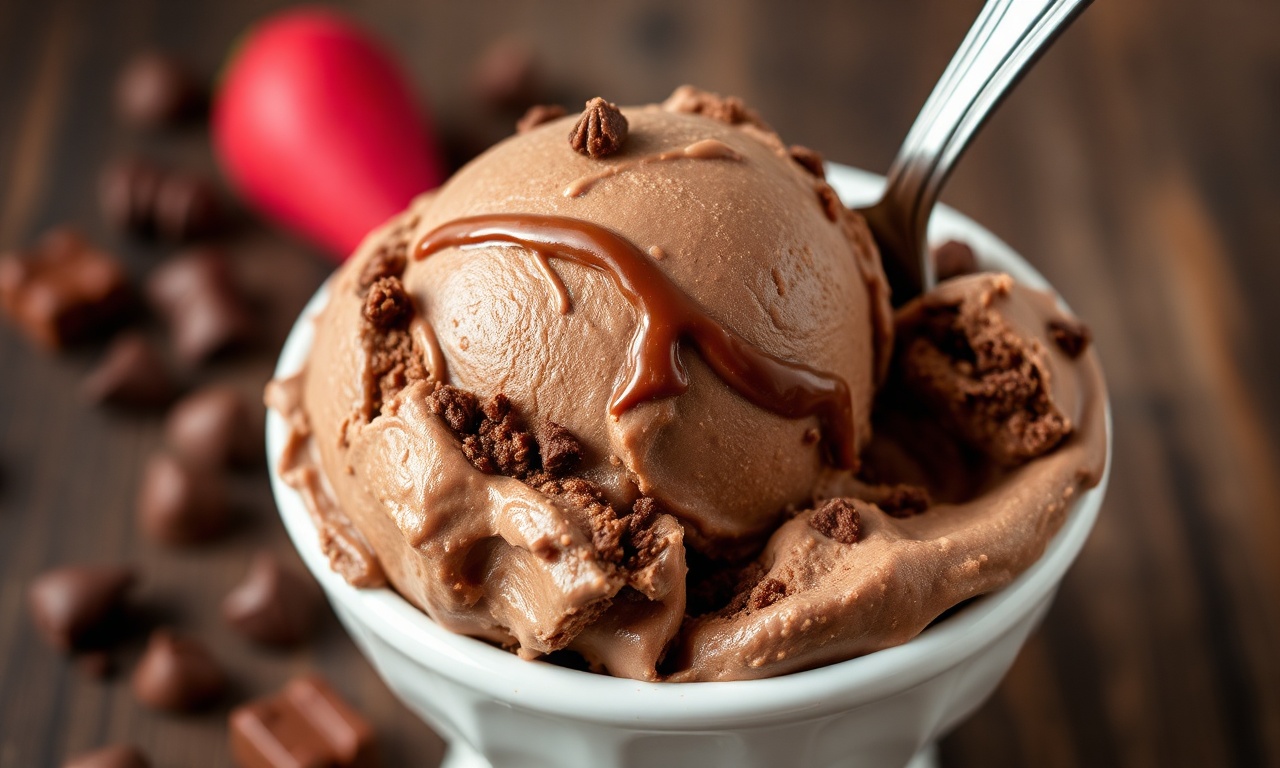 Indulgent vegan chocolate fudge brownie ice cream delight.