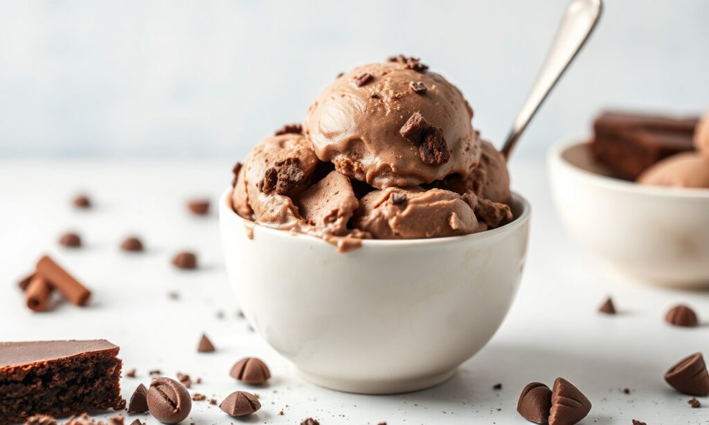 Indulgent vegan chocolate fudge brownie ice cream scoop.