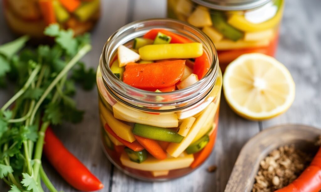 Make homemade giardiniera pickles: crisp, zesty, tangy crunch recipe.