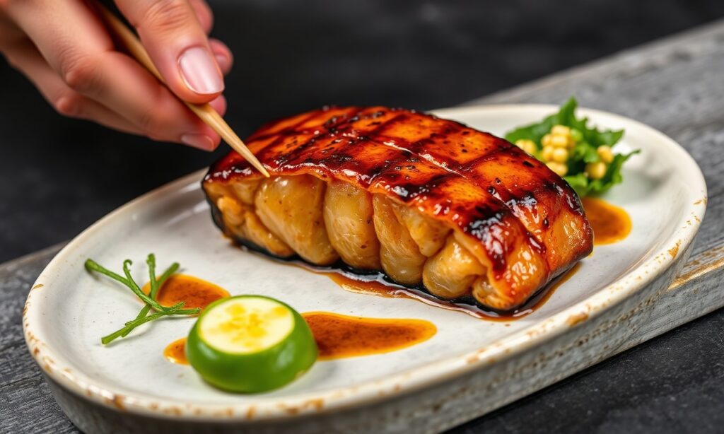 Art Miso glazed black cod, elegant Nobu-style dish.